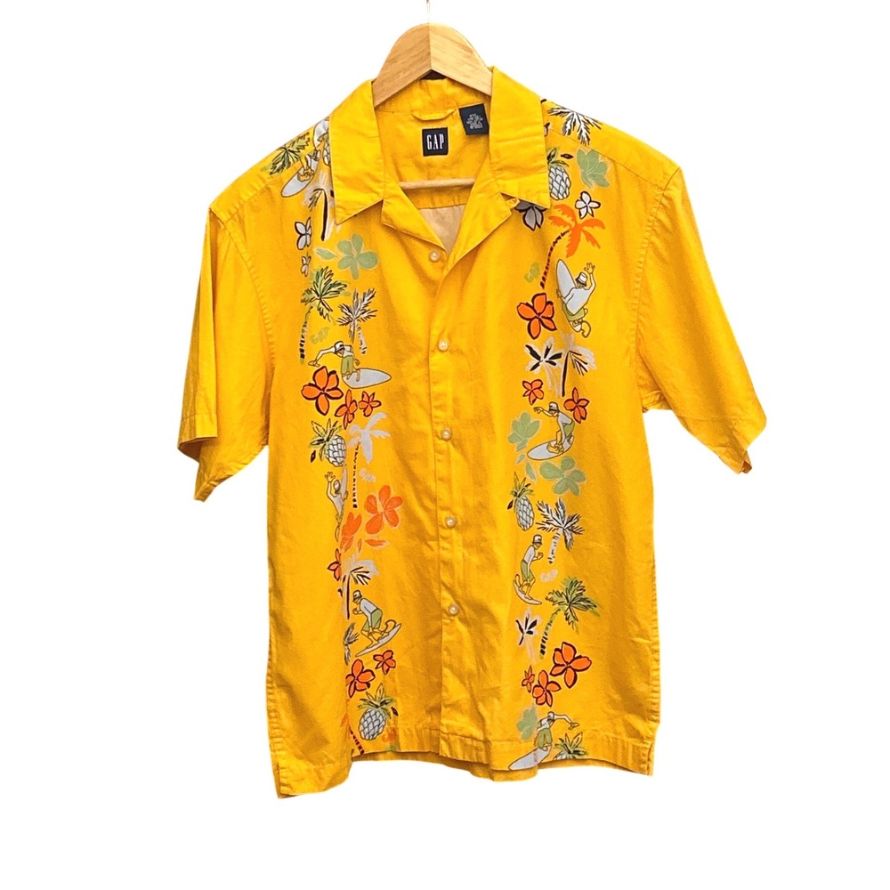 Y2K 2001 GAP Kids XXL Yellow Hawaiian Surf Shirt Tropical Y2K Surf Core Retro